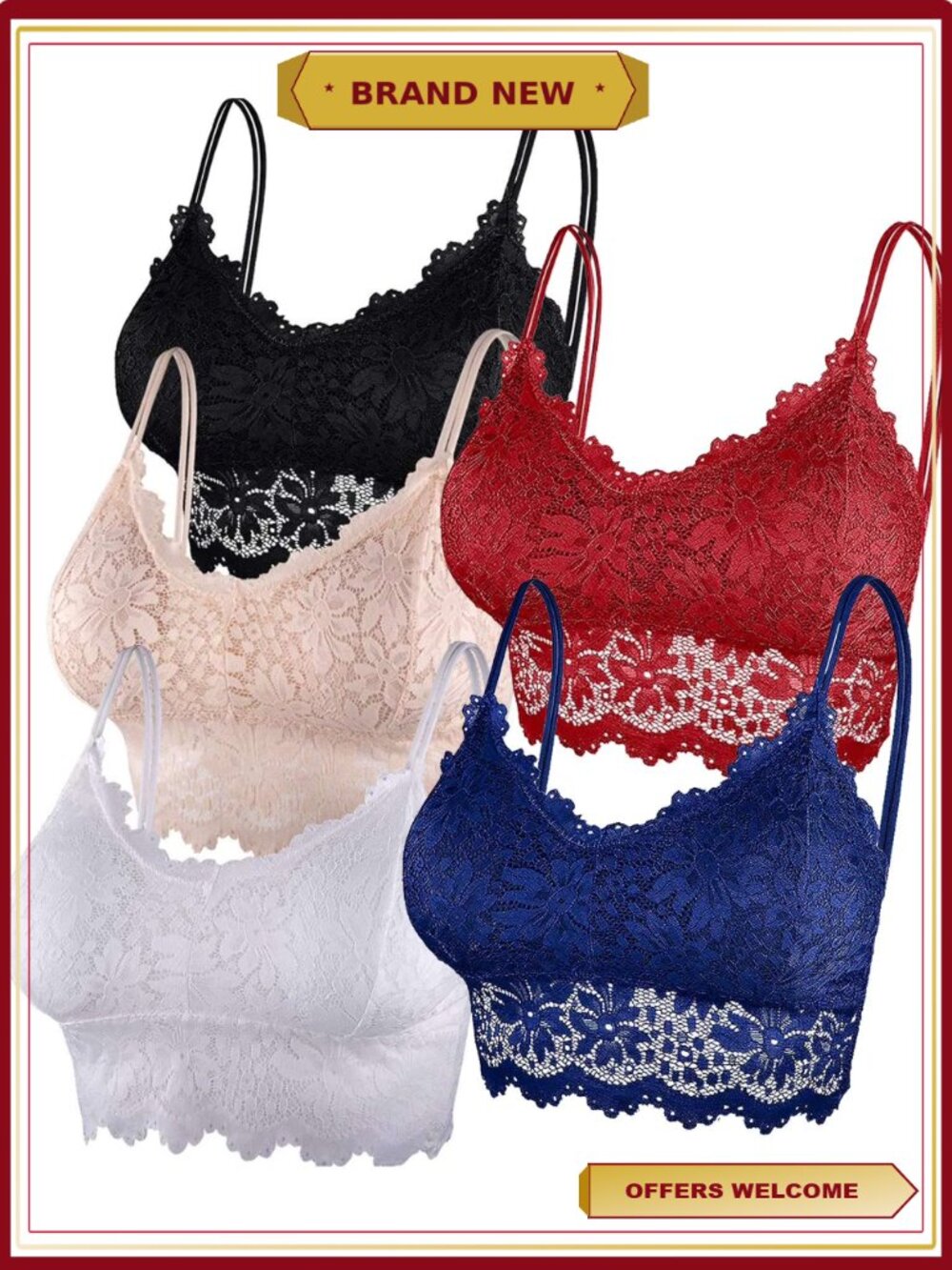Lace Bralette Set for Women Padded Deep V Lingerie Bra Tops 5 Pack M
